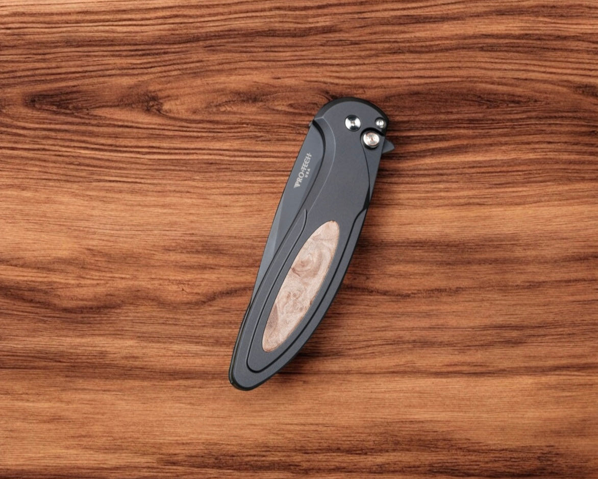 Pro-Tech CF2103-LTD Maple Cambria - Black 6061 Aluminum Handles with Maple Burl Inlay - DLC Black MagnaCut Blade - Mosaic Push Button - Satin Hardware