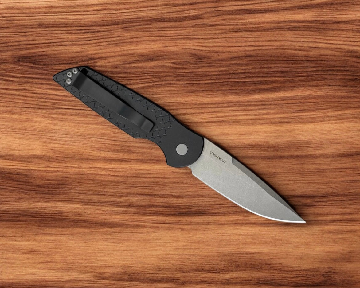 Pro-Tech X1.SW.MC TR-3 AUTO - Black "Fish Scale" Handle - 2-Tone Stonewash Magnacut Blade