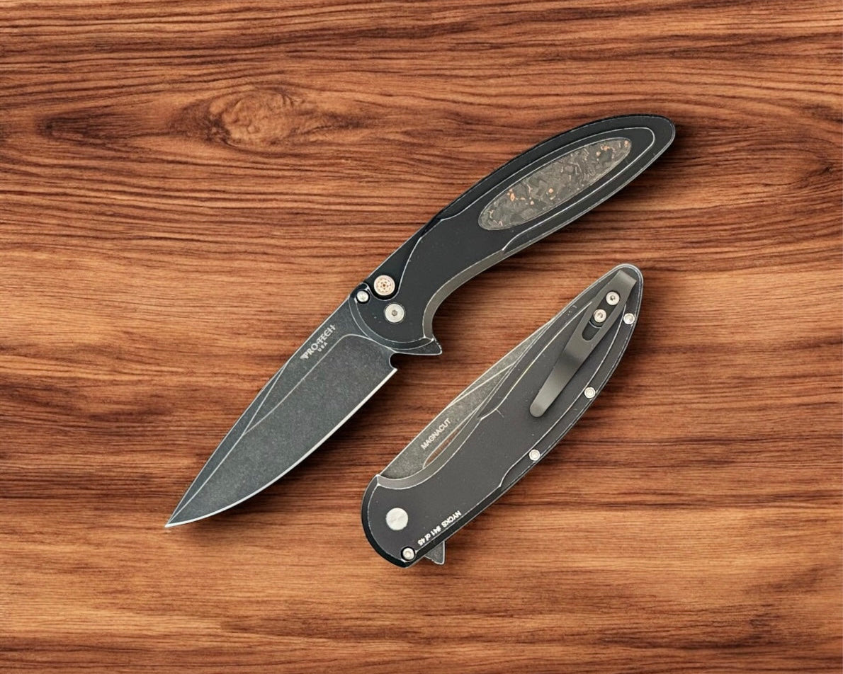 Pro-Tech NYCKS25.Cambria.1 Cambria - Battle Worn Black 6061 Aluminum Handles with TechnoCarbo Copper Inlay - DLC Wash Magnacut Blade - Mosaic Button - Satin Hardware /45