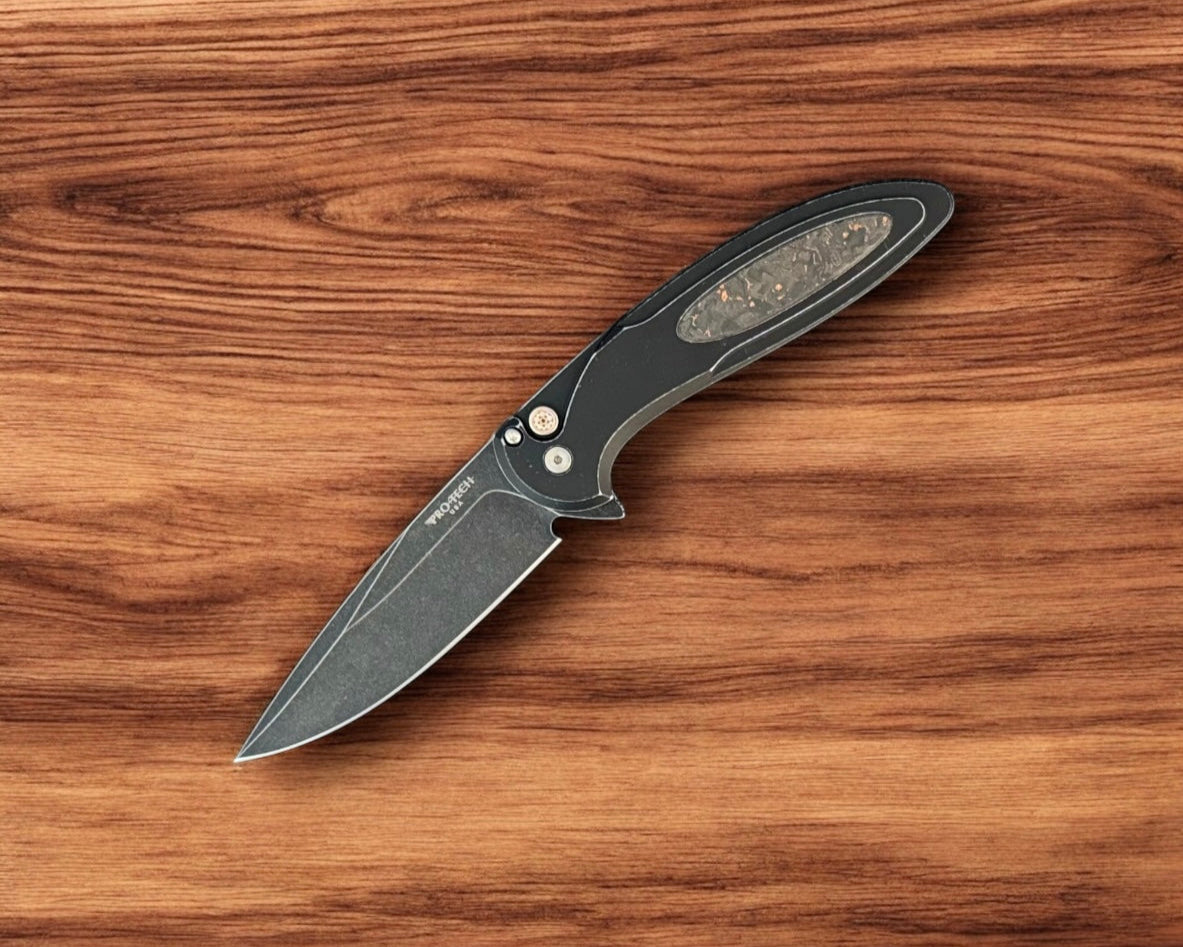 Pro-Tech NYCKS25.Cambria.1 Cambria - Battle Worn Black 6061 Aluminum Handles with TechnoCarbo Copper Inlay - DLC Wash Magnacut Blade - Mosaic Button - Satin Hardware /45