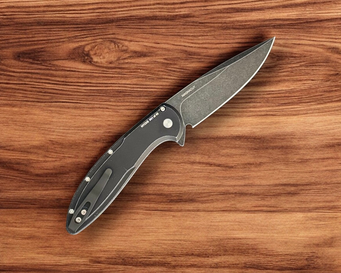 Pro-Tech NYCKS25.Cambria.1 Cambria - Battle Worn Black 6061 Aluminum Handles with TechnoCarbo Copper Inlay - DLC Wash Magnacut Blade - Mosaic Button - Satin Hardware /45