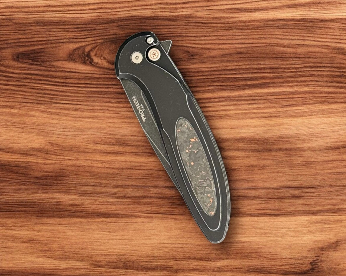 Pro-Tech NYCKS25.Cambria.1 Cambria - Battle Worn Black 6061 Aluminum Handles with TechnoCarbo Copper Inlay - DLC Wash Magnacut Blade - Mosaic Button - Satin Hardware /45