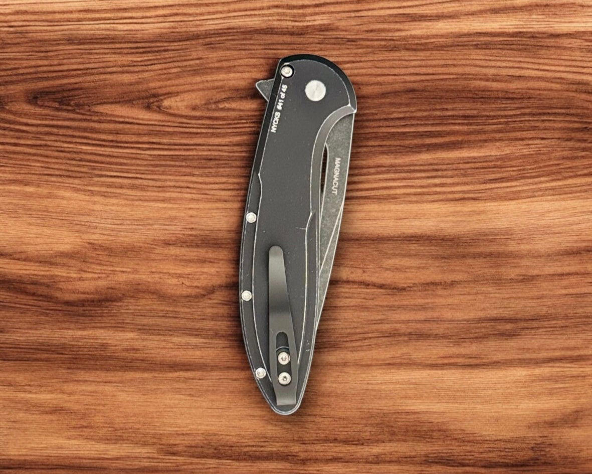 Pro-Tech NYCKS25.Cambria.1 Cambria - Battle Worn Black 6061 Aluminum Handles with TechnoCarbo Copper Inlay - DLC Wash Magnacut Blade - Mosaic Button - Satin Hardware /45