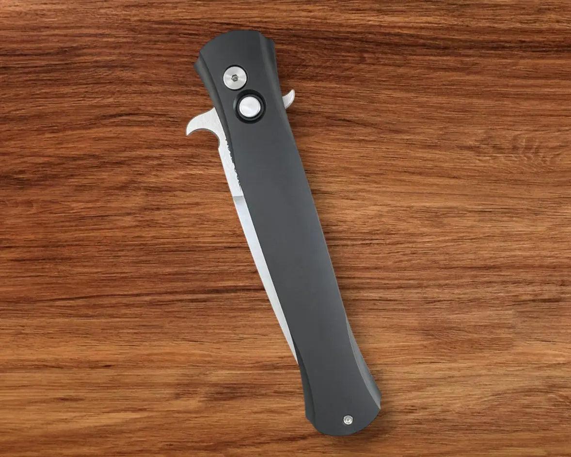 Pro-Tech 1921 MOP Large Don - Solid Black Handles - Mother of Pearl Push Button - Satin Blade with S-Guard Urban Cutlery & Lifestyle Shoppe