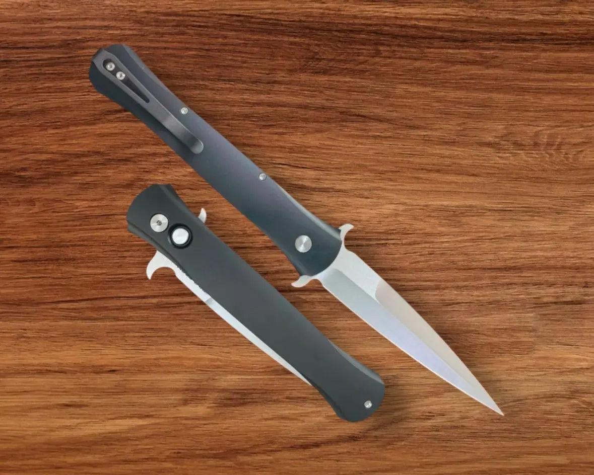 Pro-Tech 1921 MOP Large Don - Solid Black Handles - Mother of Pearl Push Button - Satin Blade with S-Guard Urban Cutlery & Lifestyle Shoppe
