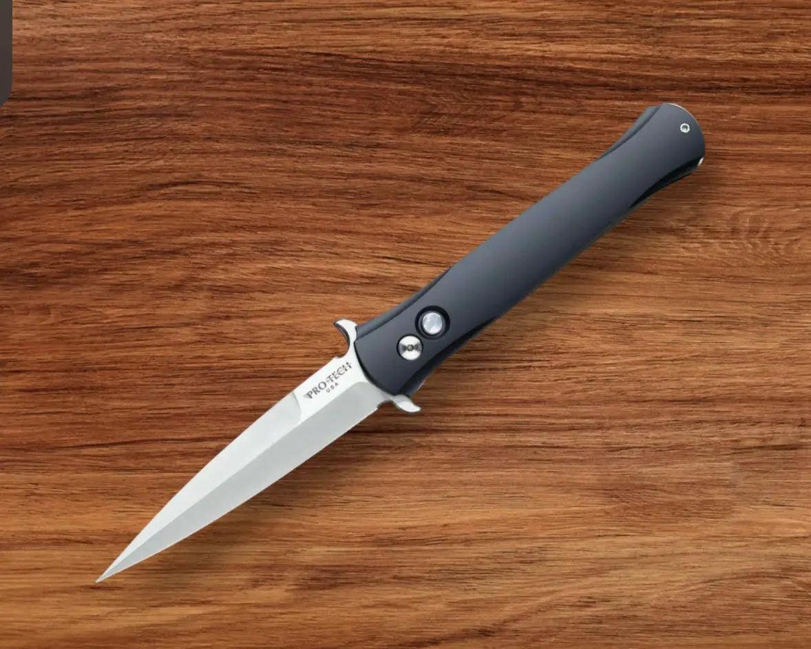 Pro-Tech-Pro-Tech 1921 MOP Large Don - Solid Black Handles - Mother of Pearl Push Button - Satin Blade with S-Guard-Urban Cutlery