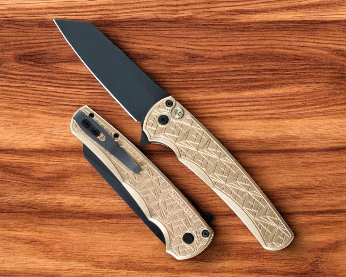 Pro-Tech-Pro-Tech 2024 Malibu "Nexus" - 25 Year Anniversary Pattern Milled AlBronze Handle - DLC Black Reverse Tanto Blade - Mosaic Pin Push Button-Urban Cutlery