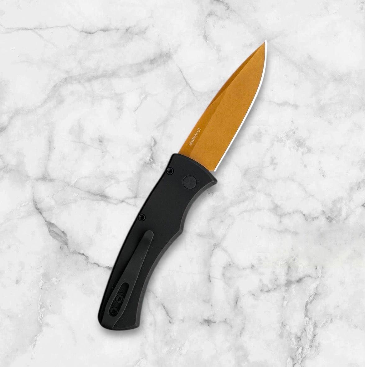 Pro-Tech-Pro-Tech 2025 F&F Show Exclusive Duke AUTO - Black Aluminum Handle - Tan Magnacut Blade - Pearl Button-3-Urban Cutlery