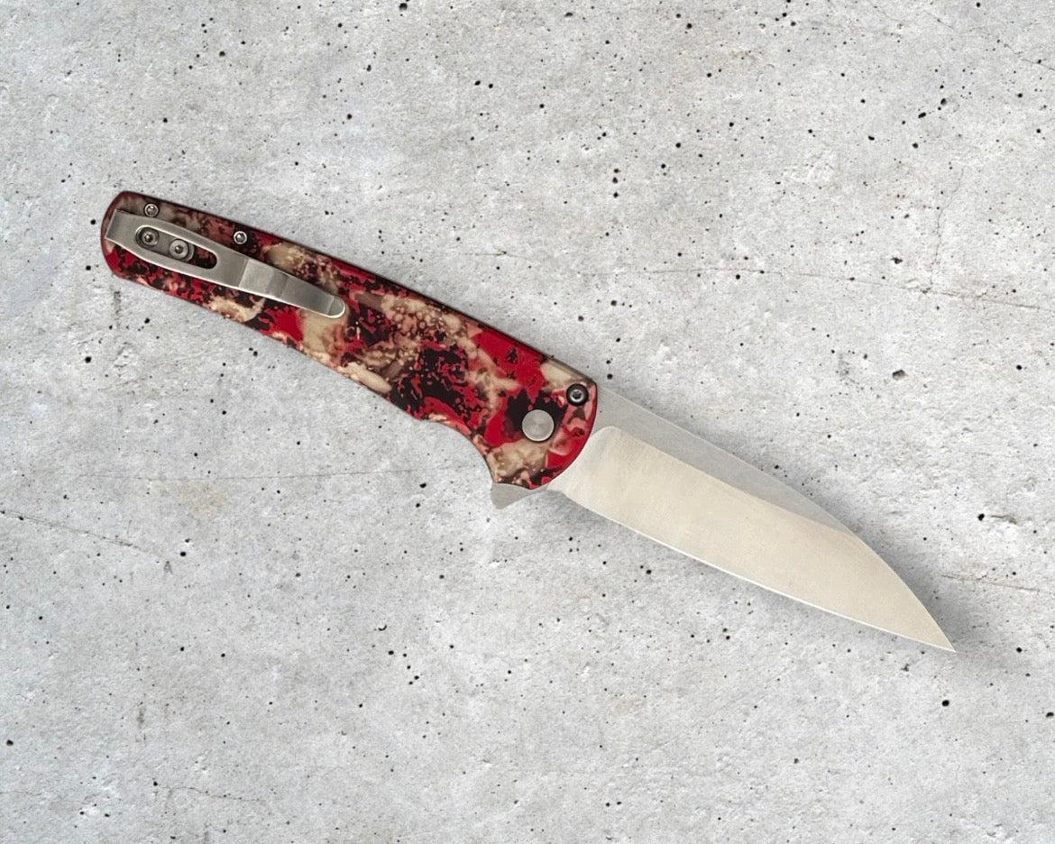 Pro-Tech-Pro-Tech 5300-CTC Malibu - "Crimson Tiger Camo" Custom Anodized Handle - Machine Satin Magnacut Wharncliffe Blade - Black Lip Pearl Button-Urban Cutlery