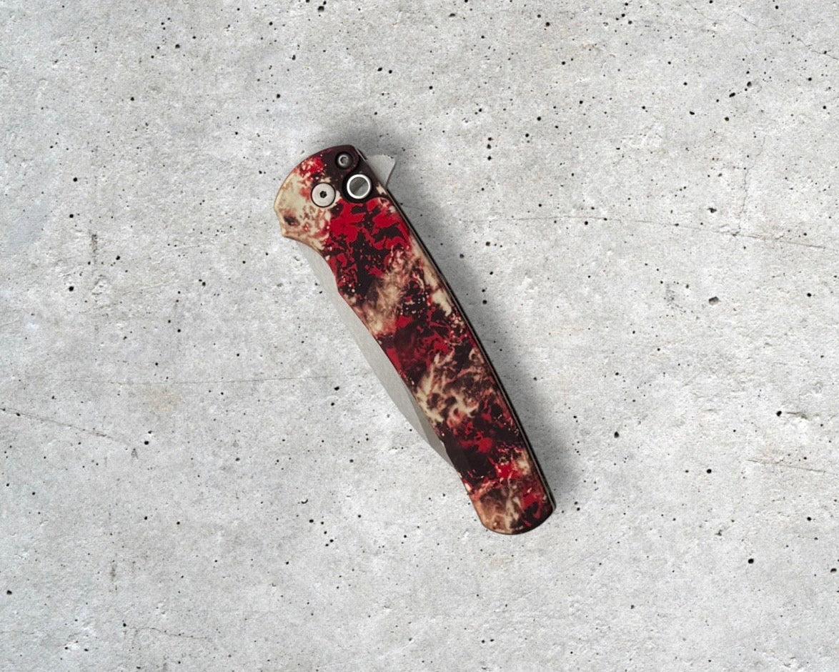 Pro-Tech-Pro-Tech 5300-CTC Malibu - "Crimson Tiger Camo" Custom Anodized Handle - Machine Satin Magnacut Wharncliffe Blade - Black Lip Pearl Button-Urban Cutlery