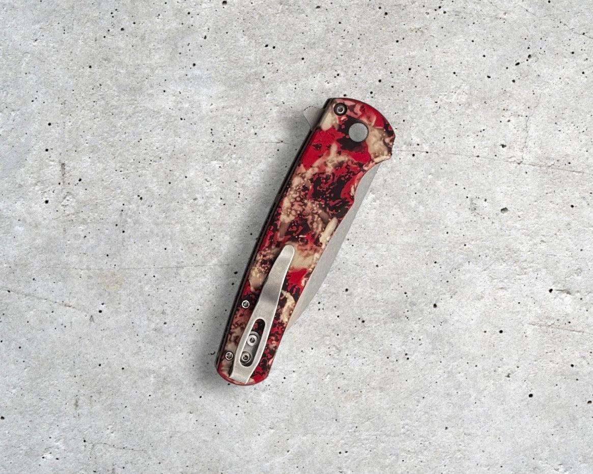 Pro-Tech-Pro-Tech 5300-CTC Malibu - "Crimson Tiger Camo" Custom Anodized Handle - Machine Satin Magnacut Wharncliffe Blade - Black Lip Pearl Button-Urban Cutlery