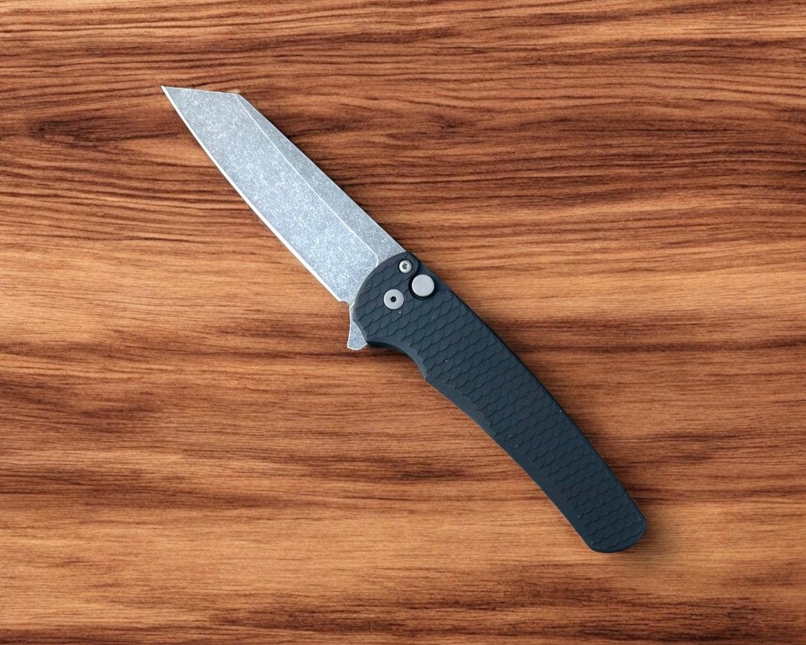 Pro-Tech-Pro-Tech 5435-AW Malibu - Black 7075 "Dragon Scale" Handle - Acid Washed Reverse Tanto Magnacut Blade - Blasted Hardware-Urban Cutlery
