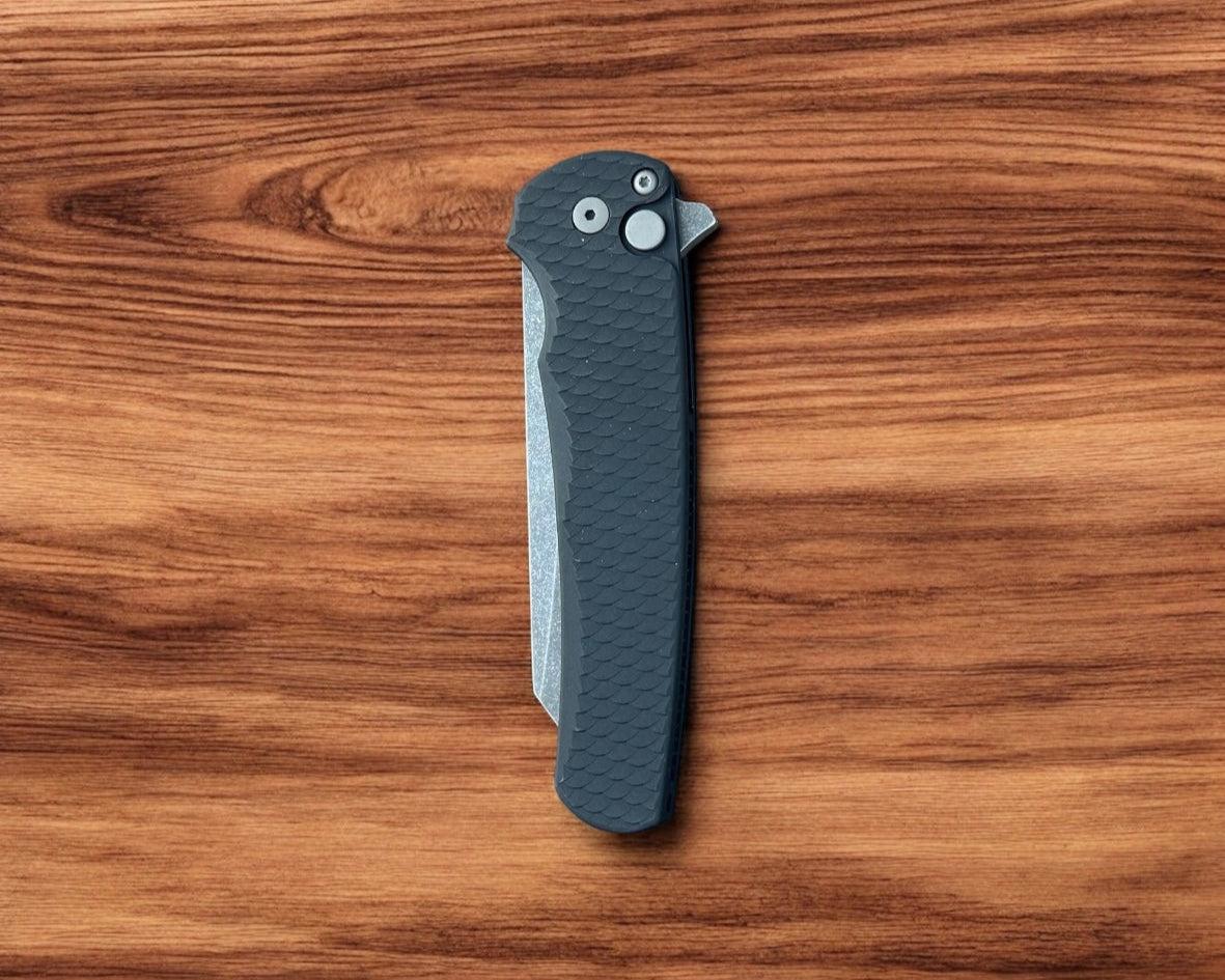 Pro-Tech-Pro-Tech 5435-AW Malibu - Black 7075 "Dragon Scale" Handle - Acid Washed Reverse Tanto Magnacut Blade - Blasted Hardware-Urban Cutlery