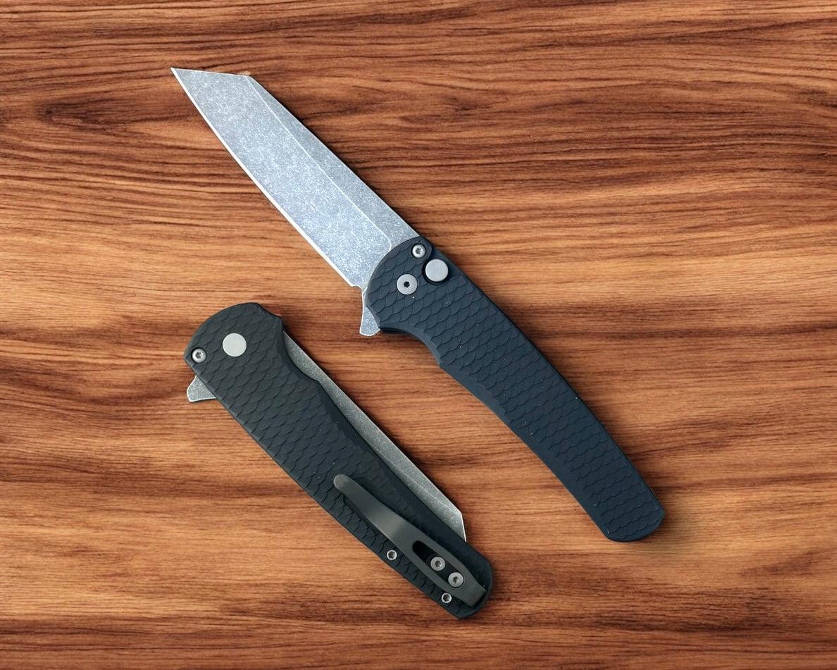 Pro-Tech-Pro-Tech 5435-AW Malibu - Black 7075 "Dragon Scale" Handle - Acid Washed Reverse Tanto Magnacut Blade - Blasted Hardware-Urban Cutlery
