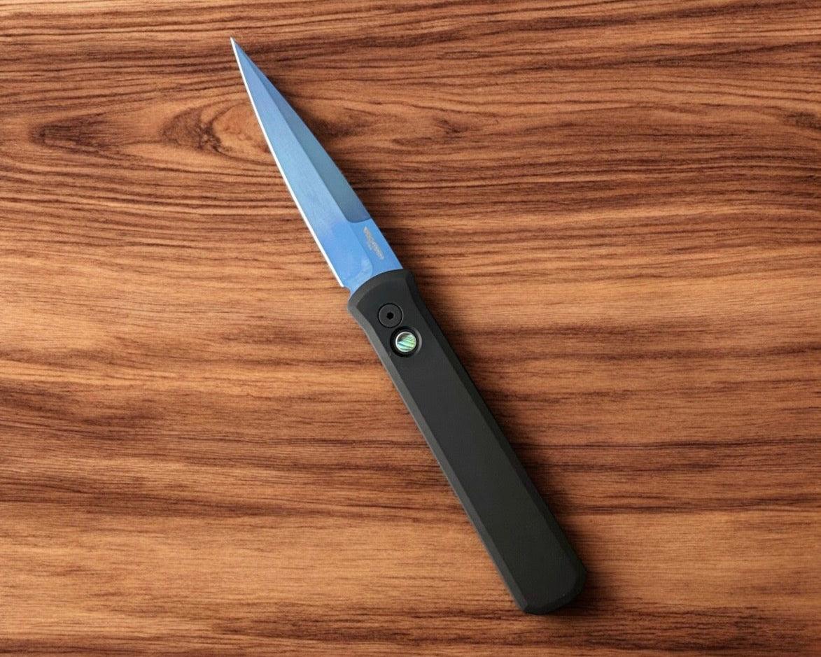 Pro-Tech-Pro-Tech 921.SB Godfather - Black Handles - Sapphire Blue 154CM Blade - Abalone Button-Urban Cutlery