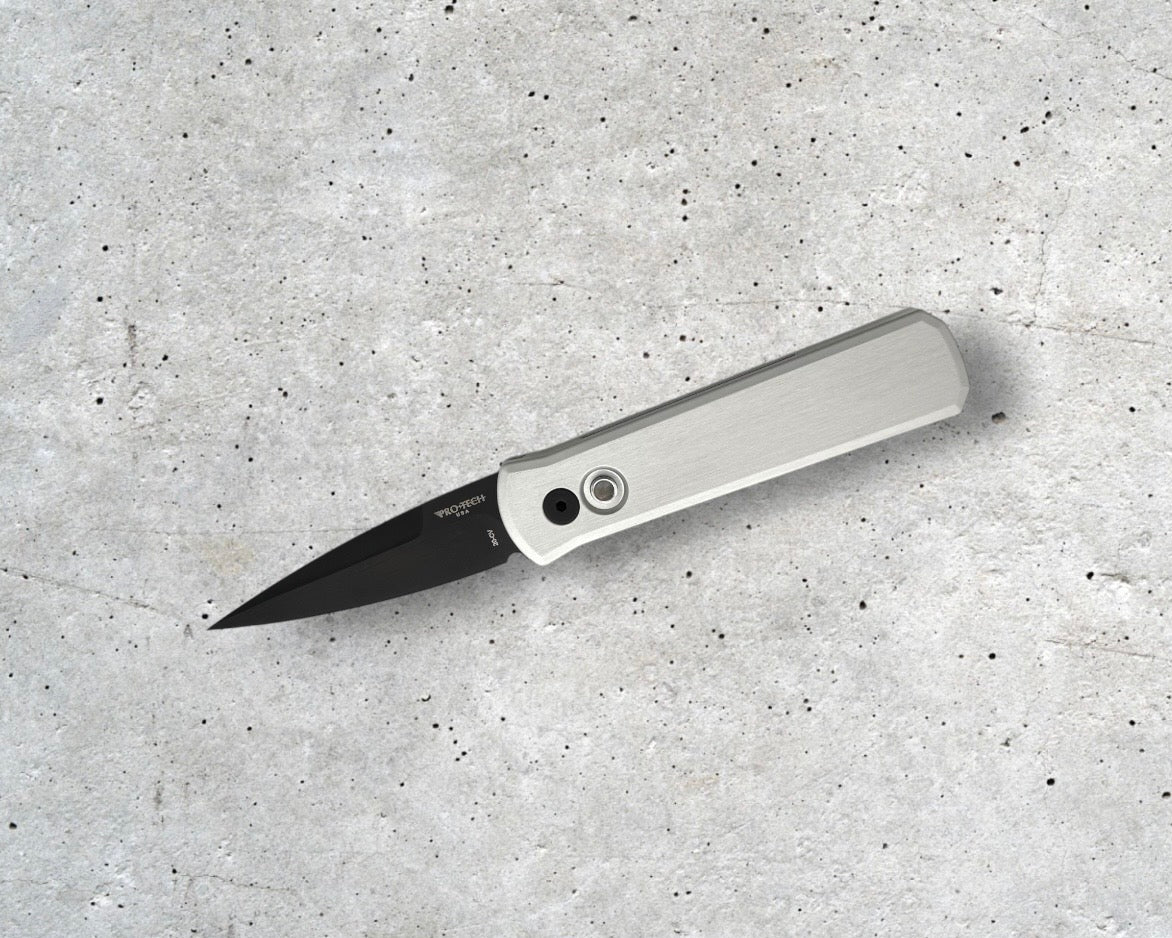 Pro-Tech-Pro-Tech BSW.Godson.1 Blade Show West 25 Godson AUTO - Clear Anodized Satin Handles - Satin DLC Black 20CV Blade - Black Lip Pearl Button /70-Urban Cutlery
