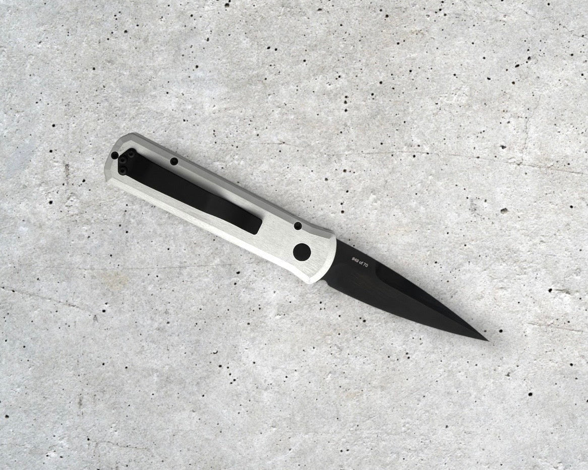 Pro-Tech-Pro-Tech BSW.Godson.1 Blade Show West 25 Godson AUTO - Clear Anodized Satin Handles - Satin DLC Black 20CV Blade - Black Lip Pearl Button /70-Urban Cutlery