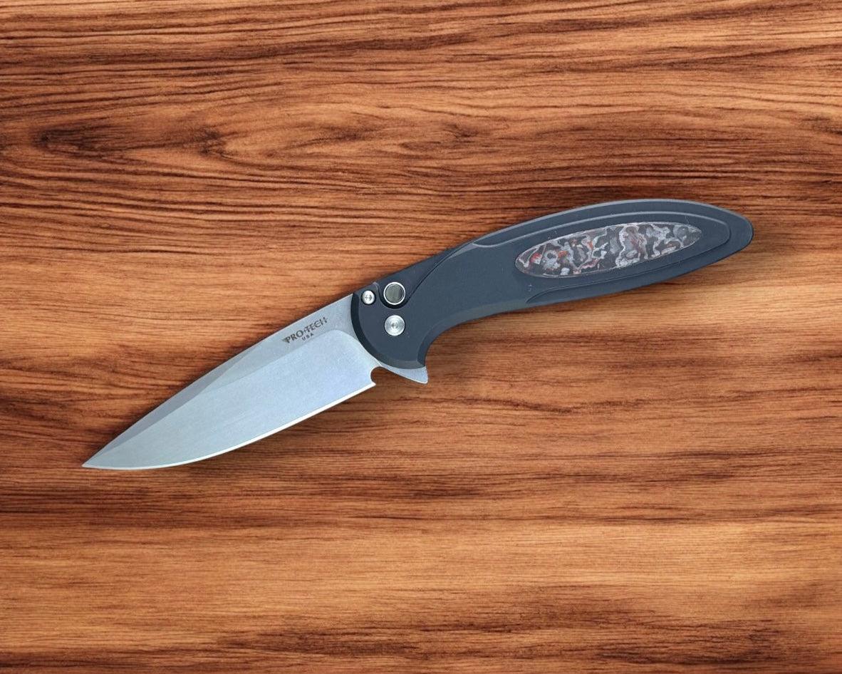 Pro-Tech-Pro-Tech CF2101-LTD.TC.Red Cambria - Black 6061 Aluminum Handles with TechnoCarbo Red Inlay - Stonewash Magnacut Blade - Black Lip Button - Satin Hardware-Urban Cutlery