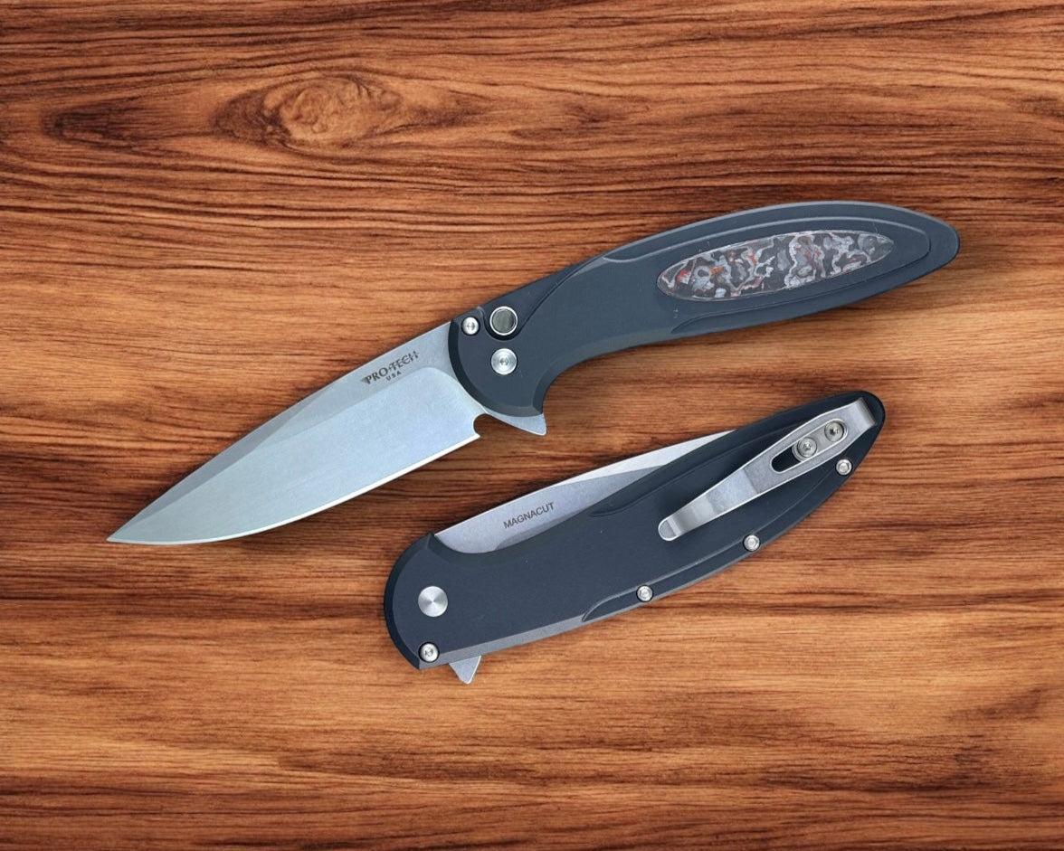 Pro-Tech-Pro-Tech CF2101-LTD.TC.Red Cambria - Black 6061 Aluminum Handles with TechnoCarbo Red Inlay - Stonewash Magnacut Blade - Black Lip Button - Satin Hardware-Urban Cutlery