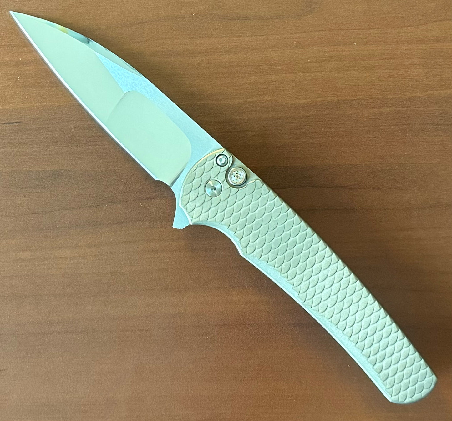 Pro-Tech-Pro-Tech Custom Malibu Blade Show Atlanta 2024 Exclusive Malibu - Distressed A1Bronze "Dragon Scale" Handle - Mike Irie Compound Hand Ground Mirror Polish Wharncliffe Blade - Mosaic Pin Push Button - Blue Titanium Clip /40-Urban Cutlery