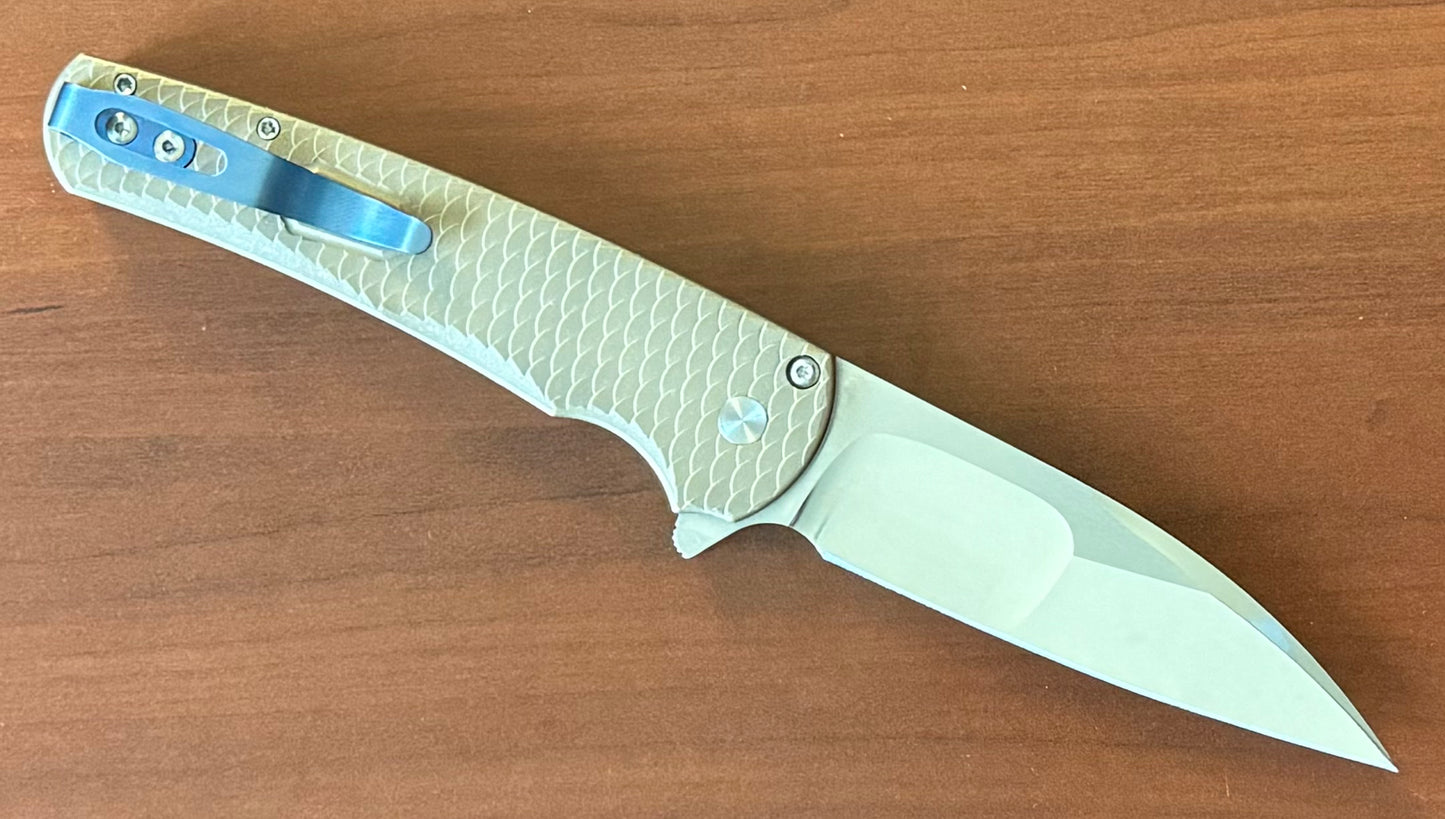 Pro-Tech-Pro-Tech Custom Malibu Blade Show Atlanta 2024 Exclusive Malibu - Distressed A1Bronze "Dragon Scale" Handle - Mike Irie Compound Hand Ground Mirror Polish Wharncliffe Blade - Mosaic Pin Push Button - Blue Titanium Clip /40-Urban Cutlery