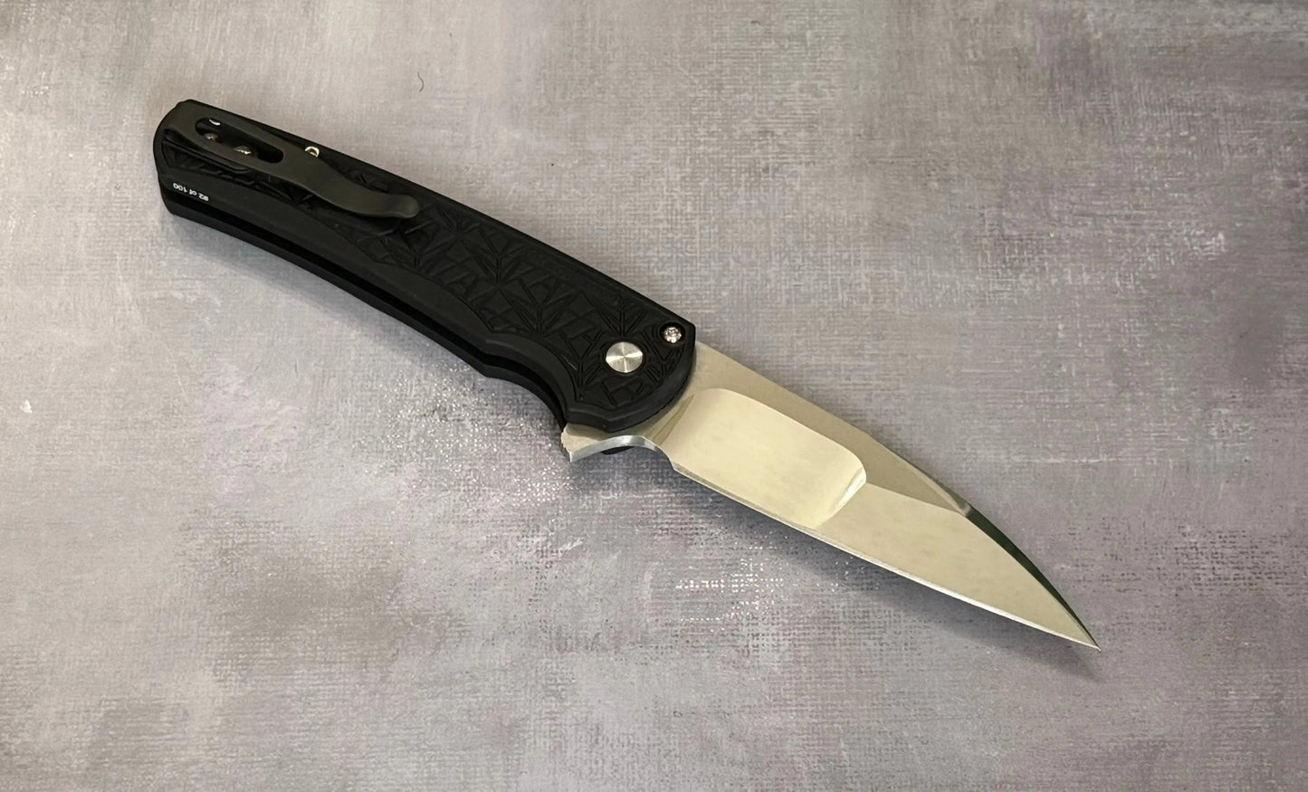 Pro-Tech-Pro-Tech Custom Malibu Nexus (2024 Malibu Custom 001) - 25 Year Anniversary Pattern Milled Handle - Mike Irie Compound Hand Ground Mirror Polish Wharncliffe Blade - Black Pearl Inlaid Push Button - Black DLC Titanium Clip /100-Urban Cutlery