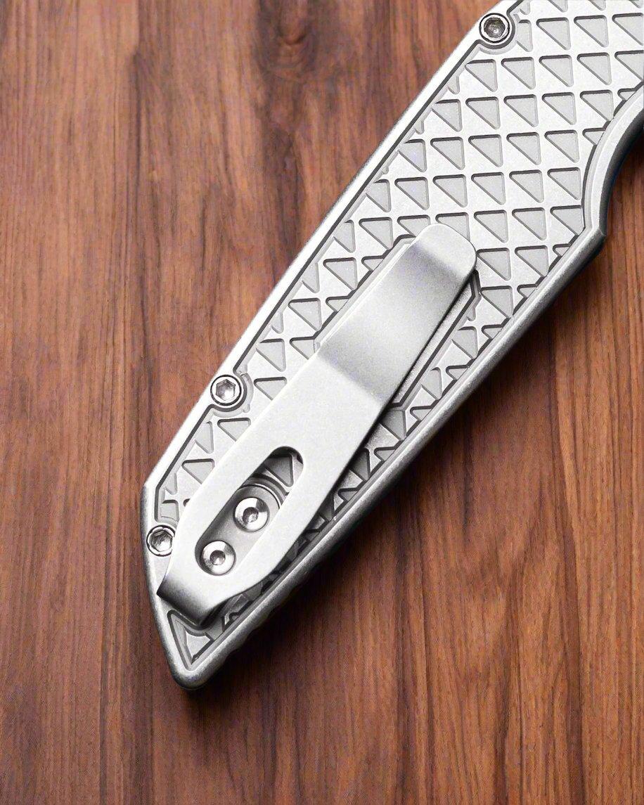 Pro-Tech-Pro-Tech Custom Steel TR-3 INTEGRITY Manual 003 - Relic Textured Blasted/Stonewashed 17-4 Steel Handle - Sapphire Blue s35vn Blade - Abalone Button - Blasted Wide Deep Carry Clip-Urban Cutlery