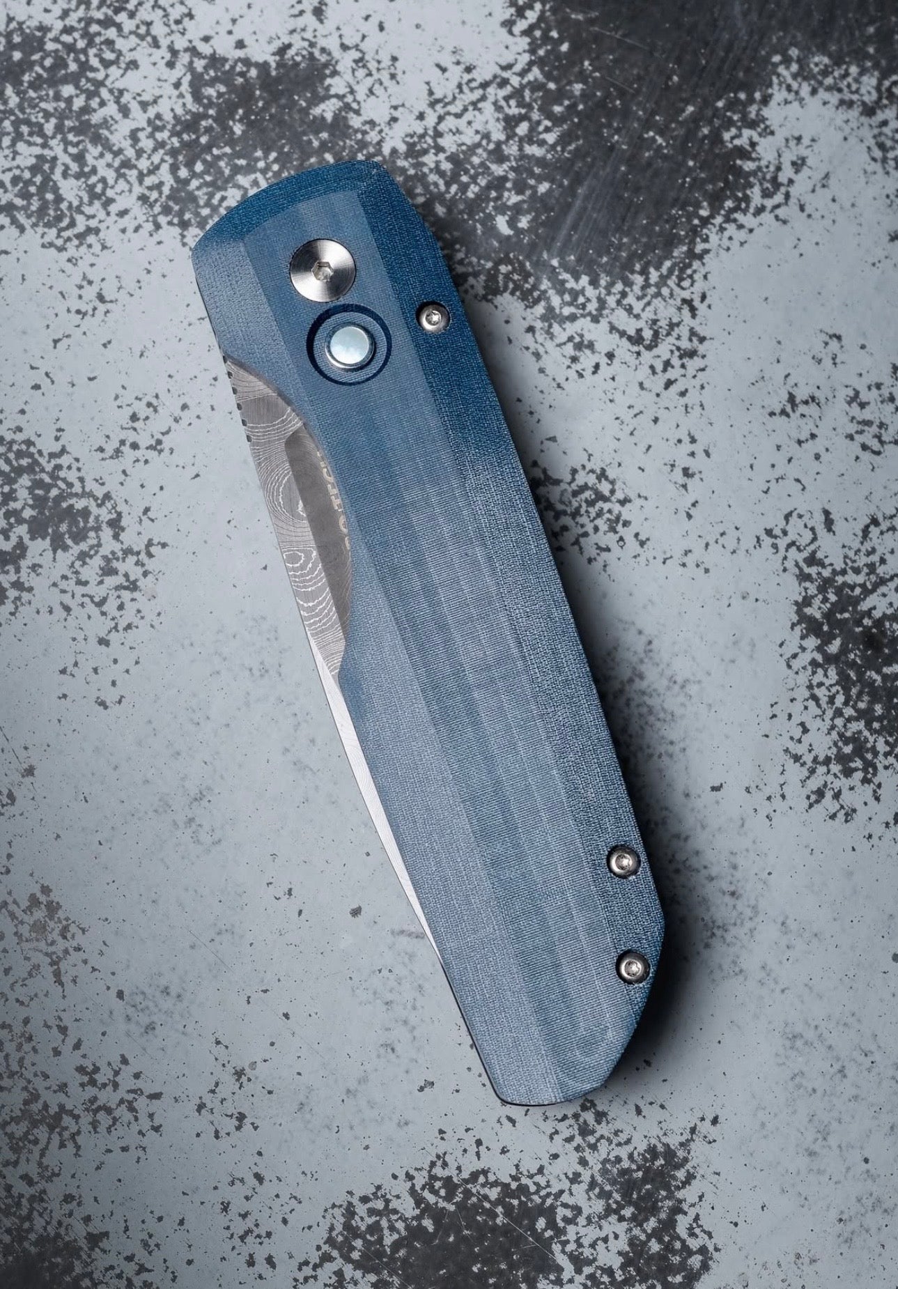 Pro-Tech-Pro-Tech Custom Vero Synapse (2025 Synapse Custom 003) Auto - Black Aluminum and Blue Linen Micarta Handle - Chad Nichols Virus Damascus Blade - White Pearl Button - Satin Hardware - DLC Black Clip /50-Urban Cutlery