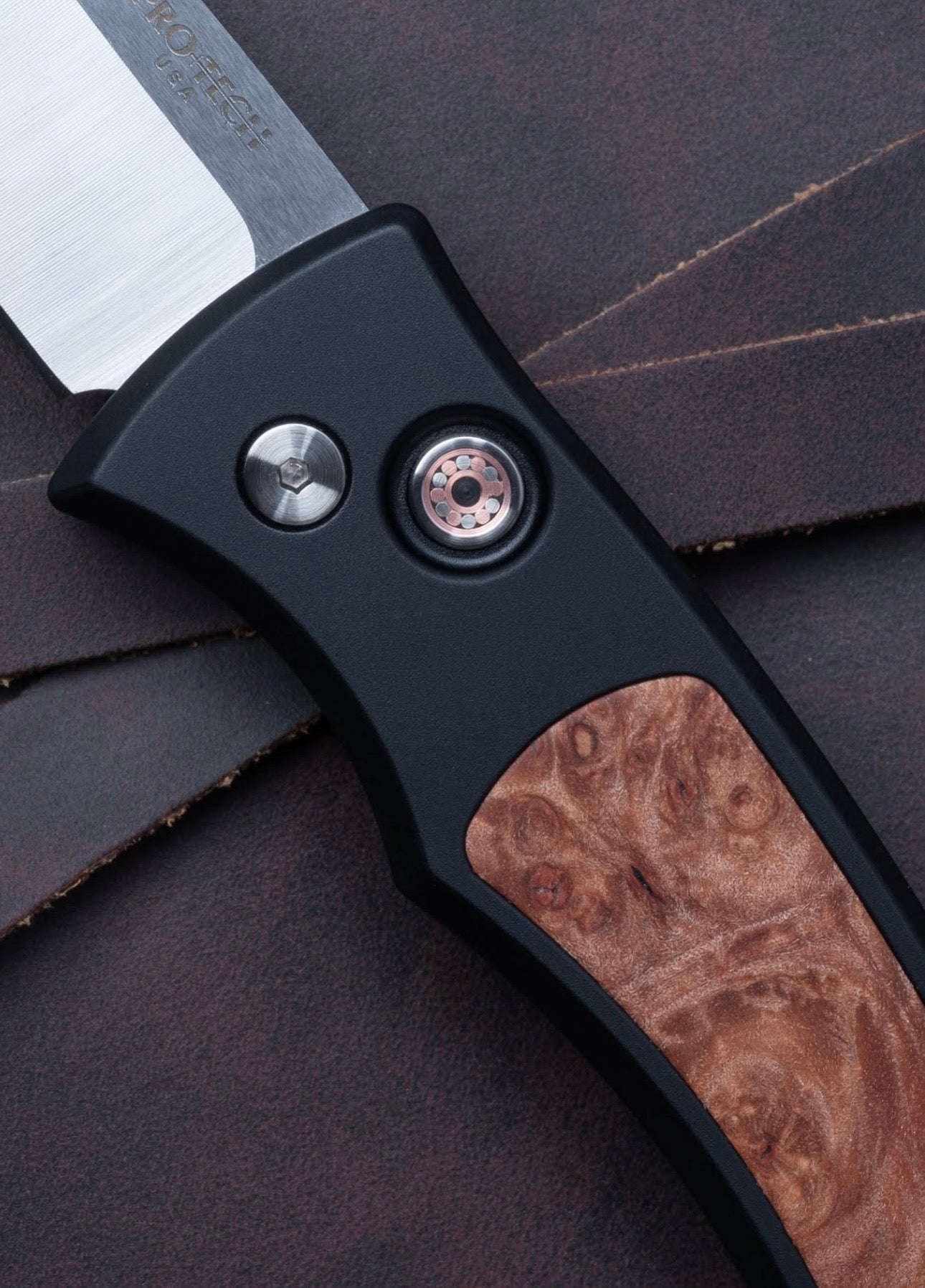 Pro-Tech-Pro-Tech DUKE.2110.Maple Duke AUTO - Black 6061 Aluminum Handle w/ Maple Burl Inlay - Machine Satin Magnacut Blade - Mosaic Pin Button-Urban Cutlery