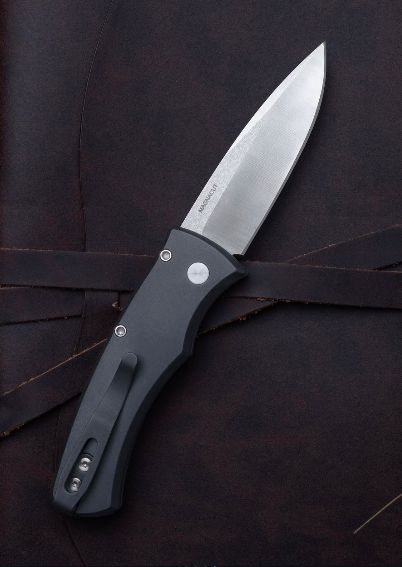 Pro-Tech-Pro-Tech DUKE.2110.Maple Duke AUTO - Black 6061 Aluminum Handle w/ Maple Burl Inlay - Machine Satin Magnacut Blade - Mosaic Pin Button-Urban Cutlery