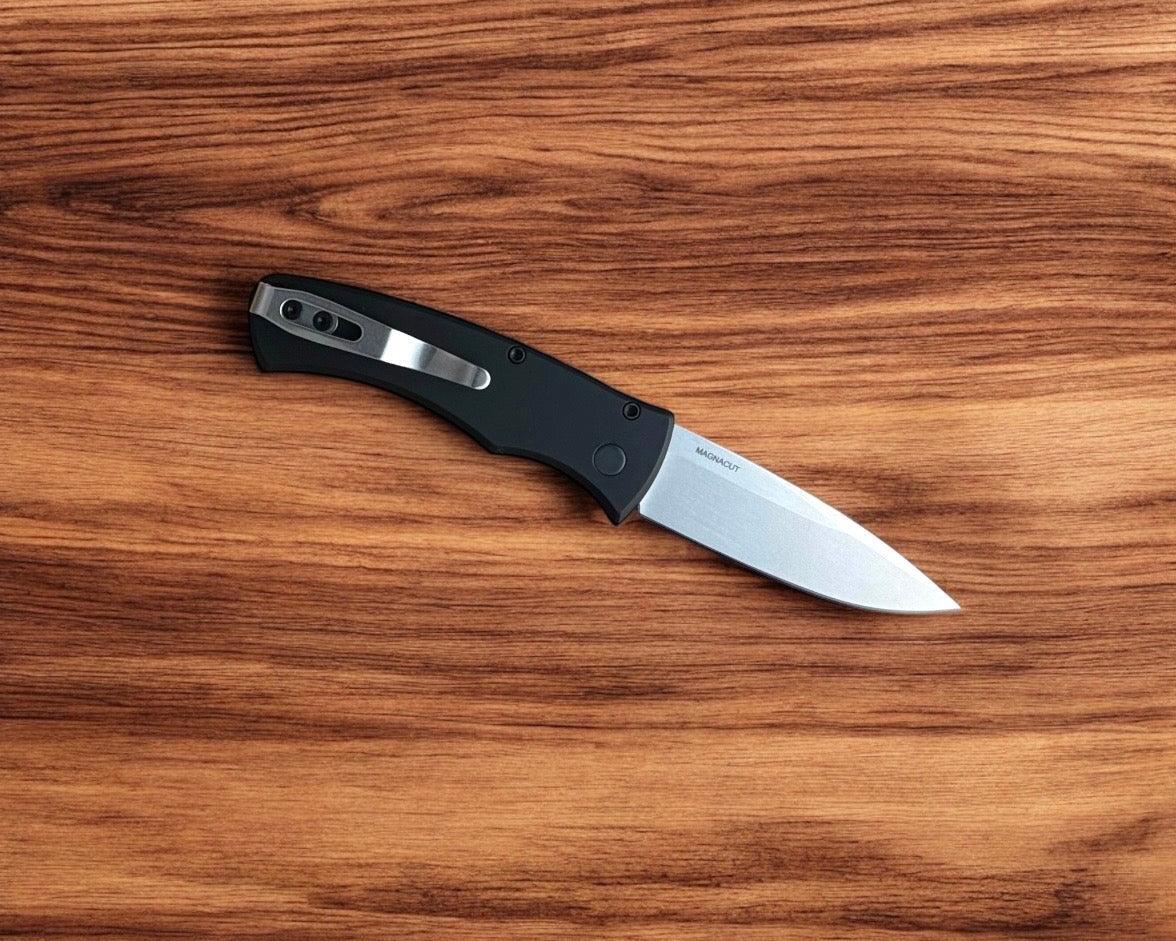 Pro-Tech-Pro-Tech DUKE.Unique.Micarta Duke AUTO - Black 6061 Aluminum Handle w/ Custom Unique Micarta Inlay - Magnacut Blade - Unique Button #1-Urban Cutlery