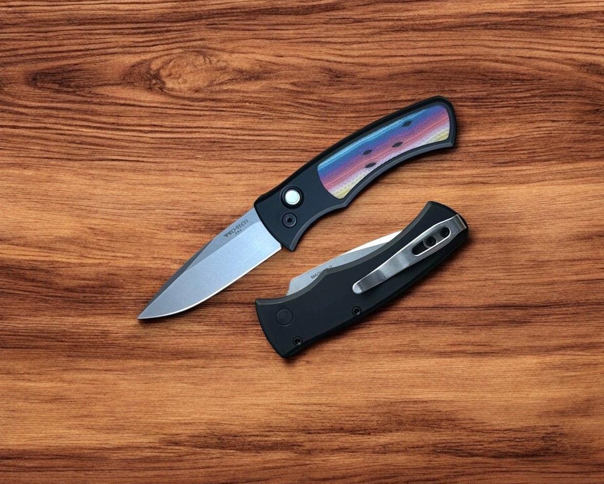 Pro-Tech-Pro-Tech DUKE.Unique.Micarta Duke AUTO - Black 6061 Aluminum Handle w/ Custom Unique Micarta Inlay - Magnacut Blade - Unique Button #1-Urban Cutlery