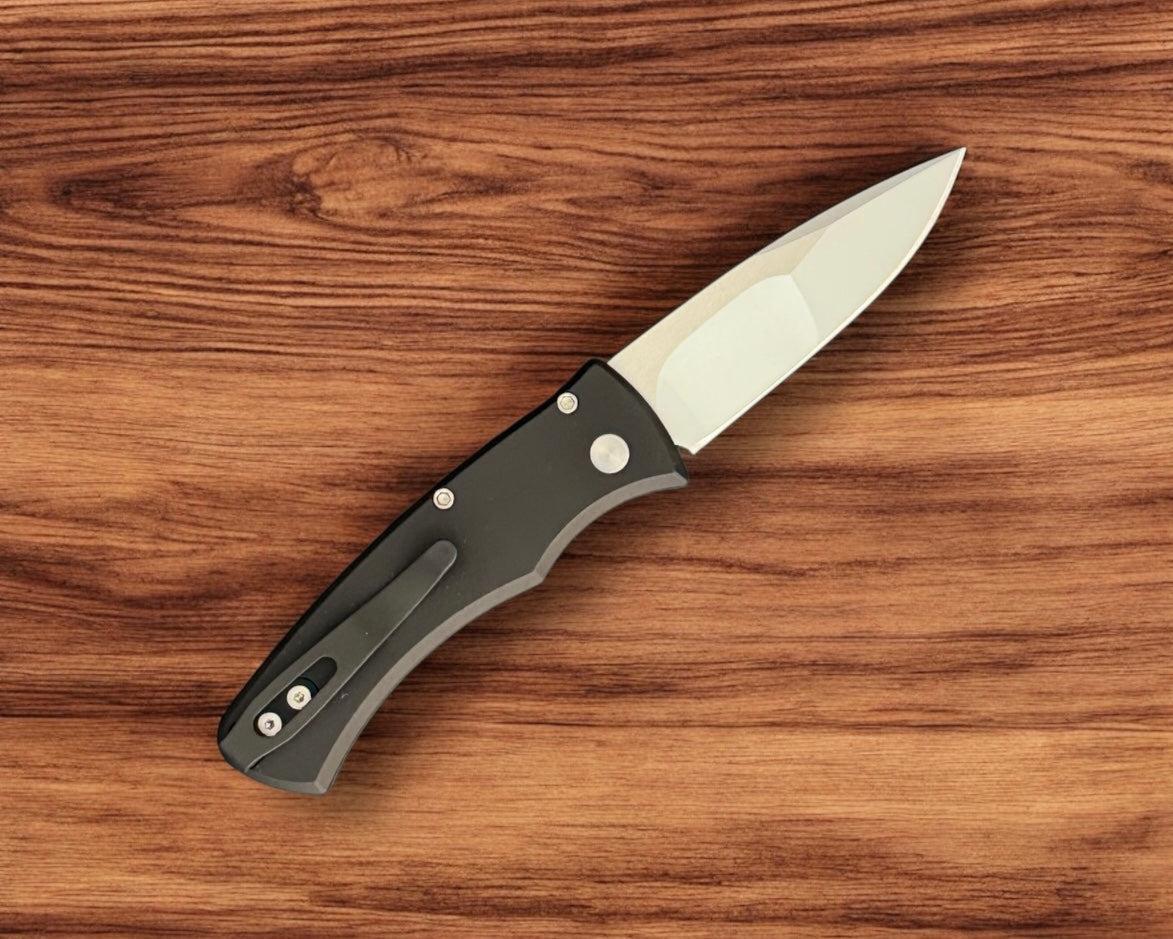 Pro-Tech-Pro-Tech Duke Custom 003 AUTO - Black 6061 Aluminum Handle - Polished Mike Irie Compound Ground 154CM Blade - Black Lip Pearl Button - Custom Clip-Urban Cutlery
