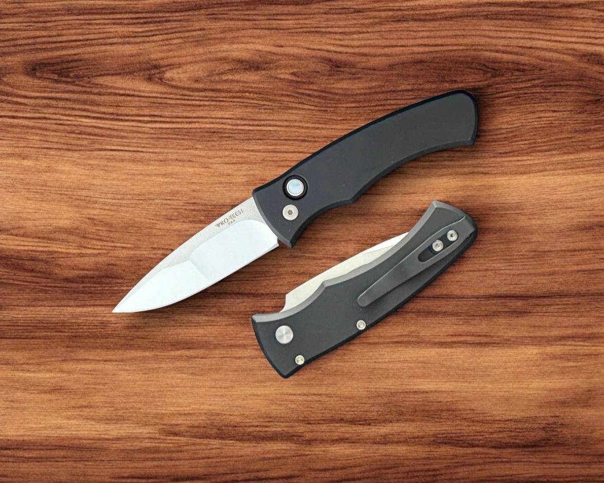 Pro-Tech-Pro-Tech Duke Custom 003 AUTO - Black 6061 Aluminum Handle - Polished Mike Irie Compound Ground 154CM Blade - Black Lip Pearl Button - Custom Clip-Urban Cutlery