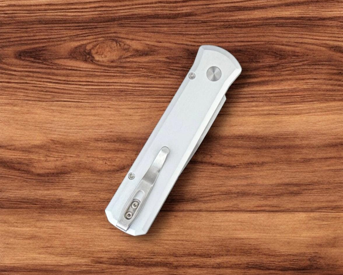 Pro-Tech-Pro-Tech Godson 7210-Silver Crosscut 20CV AUTO - Silver Handle w/ Black Crosscut Carbon Fiber Inlay - Satin 20CV Blade - Black Lip Pearl Button - Satin Hardware-5-Urban Cutlery