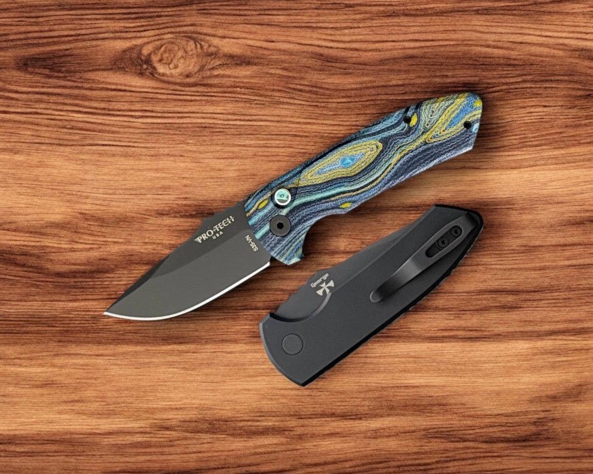 Pro-Tech-Pro-Tech Les George SBR AUTO - Custom "Starry Night" Micarta Handle - DLC Black s35vn Blade - Abalone Button-Urban Cutlery