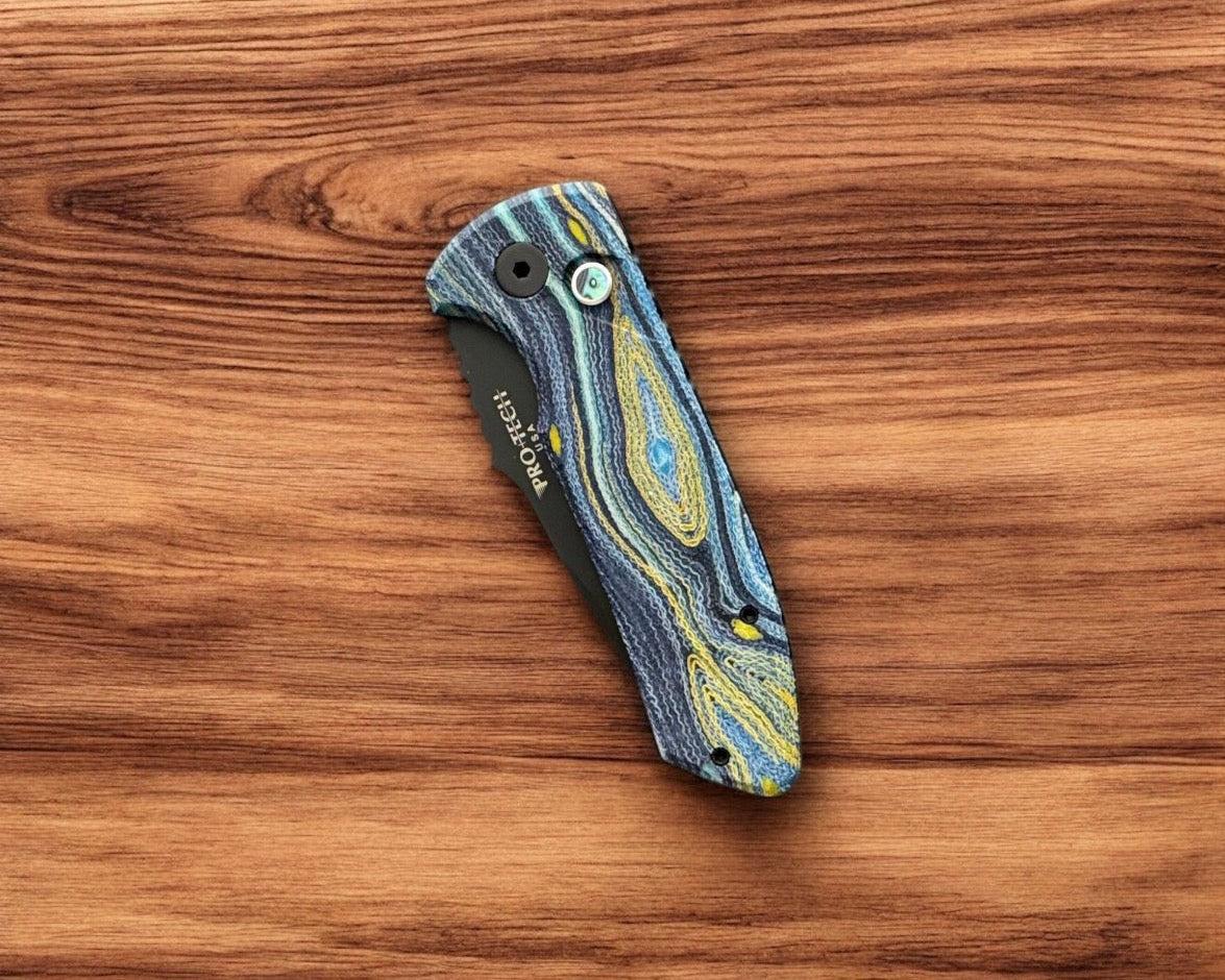 Pro-Tech-Pro-Tech Les George SBR AUTO - Custom "Starry Night" Micarta Handle - DLC Black s35vn Blade - Abalone Button-Urban Cutlery