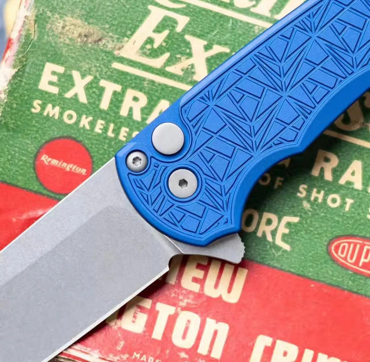 Pro-Tech-Pro-Tech Malibu "Nexus" - Blue 25 Year Anniversary Pattern Milled Handle - Stonewash Reverse Tanto Blade - MOP Inlaid Push Button - Blasted Hardware - (5405-BLUE NEXUS)-8-Urban Cutlery
