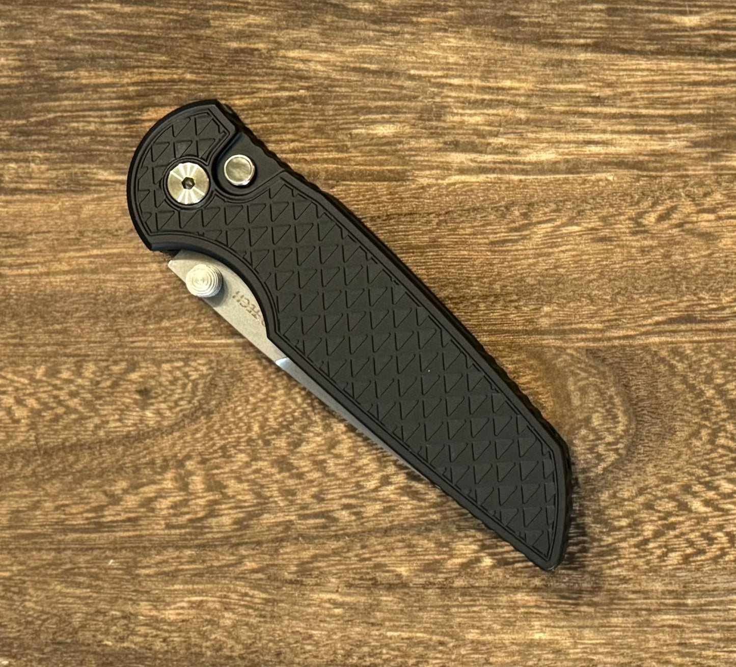 Pro-Tech-Pro-Tech NYC Watch Wind Up Exclusive TR-3 INTEGRITY Manual - Relic Textured Black Handle - Black Lip Pearl Button - Stonewash S35vn Blade - Satin Wide Deep Carry Clip /20-Urban Cutlery