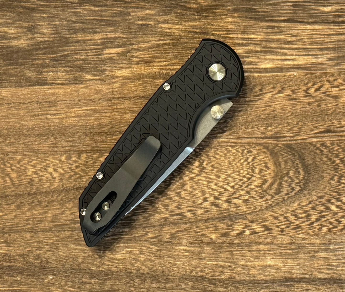 Pro-Tech-Pro-Tech NYC Watch Wind Up Exclusive TR-3 INTEGRITY Manual - Relic Textured Black Handle - Black Lip Pearl Button - Stonewash S35vn Blade - Satin Wide Deep Carry Clip /20-Urban Cutlery