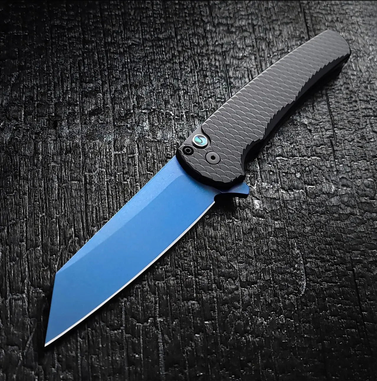 Pro-Tech-Pro-Tech Sapphire Blue Malibu (5236-SB) - Black "Dragon Scale" Handle - Sapphire Blue Tumbled Finish Reverse Tanto Blade - Abalone Inlaid Push Button - DLC Coated Mini Deep Carry Clip-1-Urban Cutlery