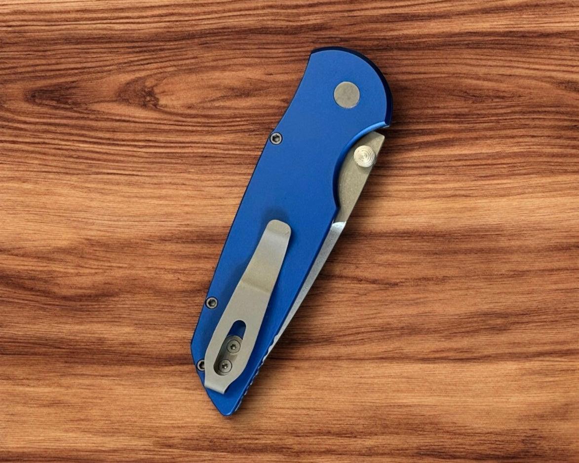 Pro-Tech-Pro-Tech TR-3 INTEGRITY Manual - Blue Handle - Stonewash S35vn Blade - Blasted Hardware-Urban Cutlery