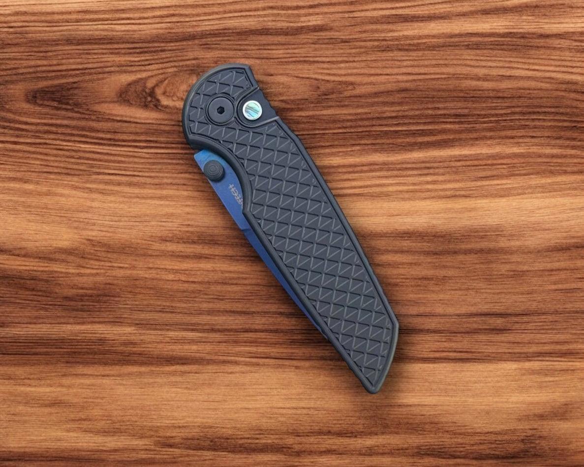 Pro-Tech-Pro-Tech TR-3 INTEGRITY Manual - Relic Textured Black Handle - Sapphire Blue s35vn Blade - Abalone Button - Black Wide Deep Carry Clip-Urban Cutlery