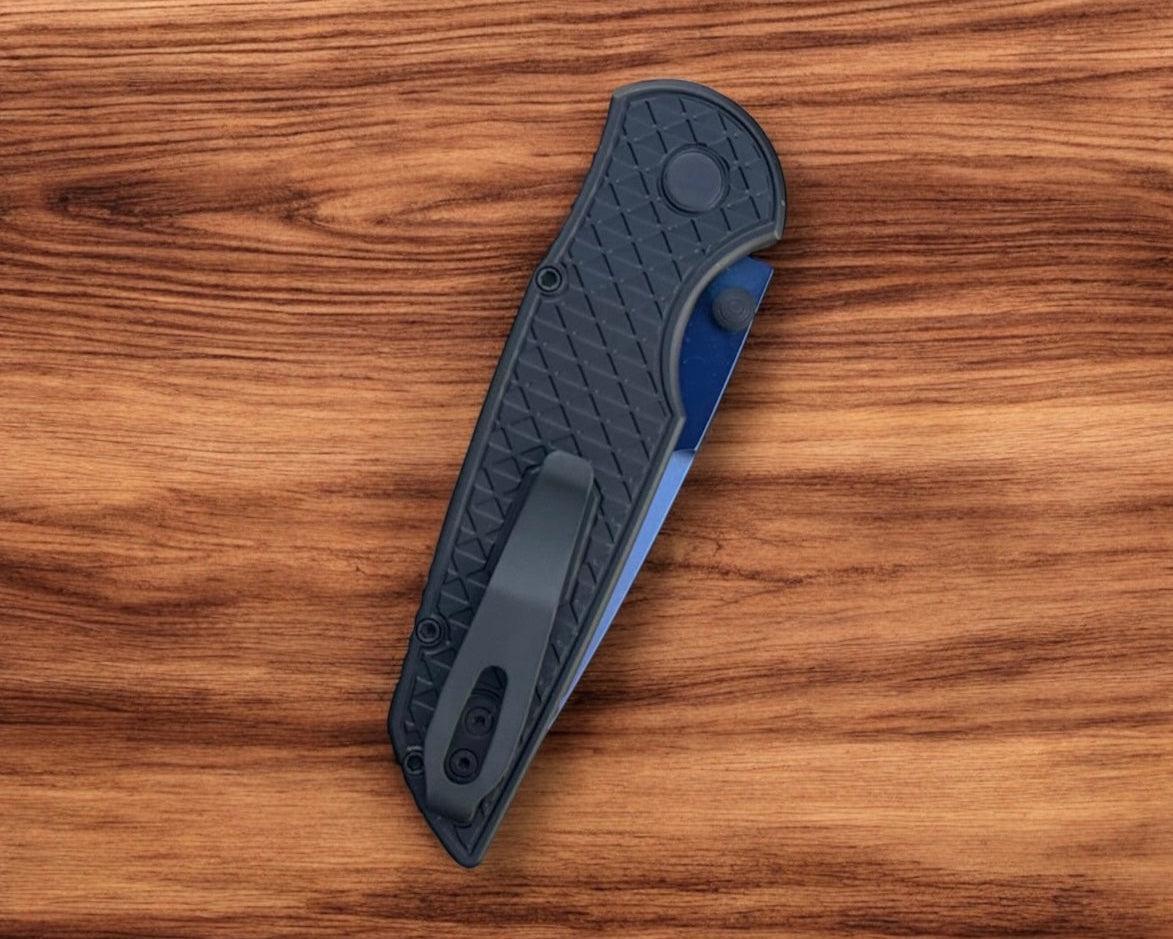 Pro-Tech-Pro-Tech TR-3 INTEGRITY Manual - Relic Textured Black Handle - Sapphire Blue s35vn Blade - Abalone Button - Black Wide Deep Carry Clip-Urban Cutlery
