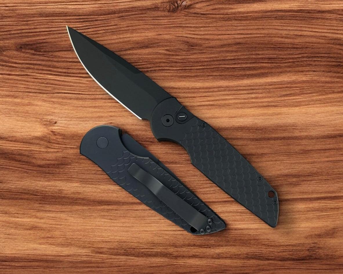 Pro-Tech-Pro-Tech TR-3 X1 Operator Auto - OPERATOR - Black "Fish Scale" Handle - Sterile Black 154cm Blade - Tritium Button-Urban Cutlery