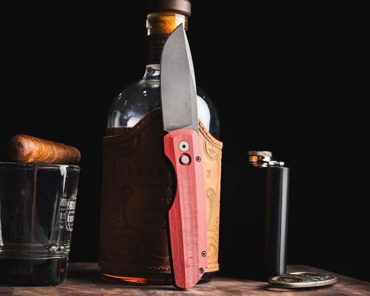 Pro-Tech-Pro-Tech VERO1211-AW.Red.Linen Vero Synapse Auto - Black Aluminum and Red Linen Micarta Handle - Acid Washed Magnacut Blade - Blasted Hardware - Machined Ti Clip-Urban Cutlery