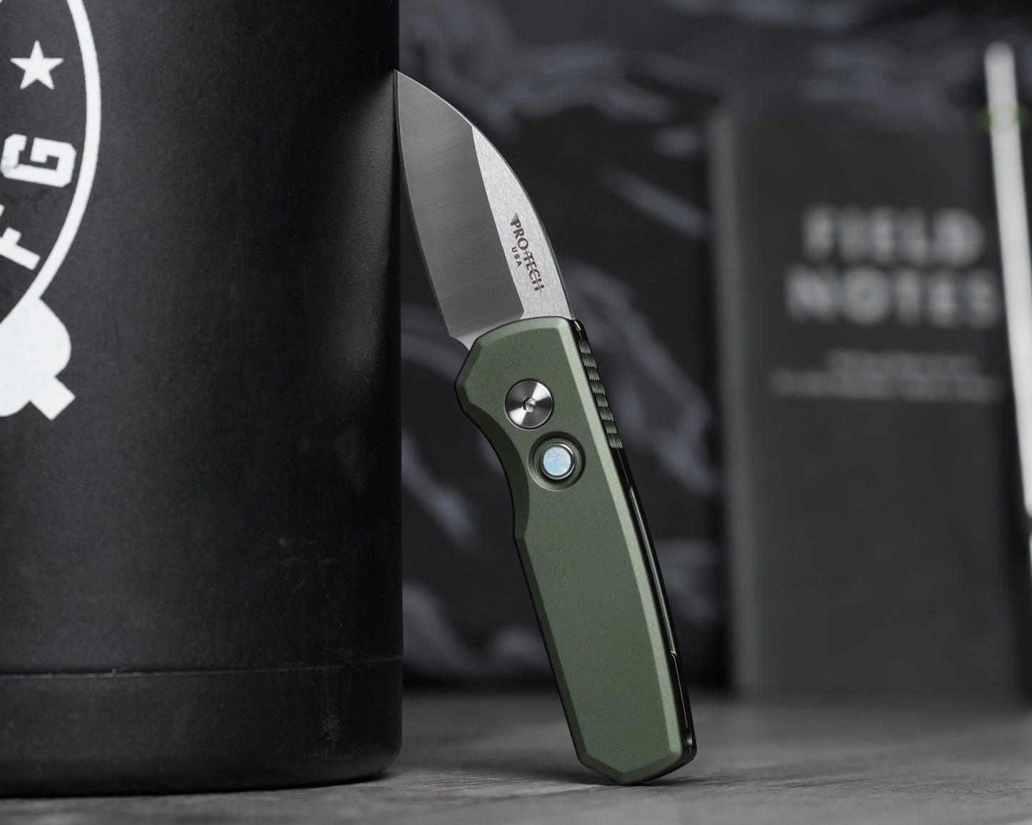 Pro-Tech-Protech R5300.LTD.Green Runt AUTO - Smooth Green Handle - Machine Satin MAGNACUT Wharncliffe Blade - Pearl Button - Satin Hardware-Urban Cutlery