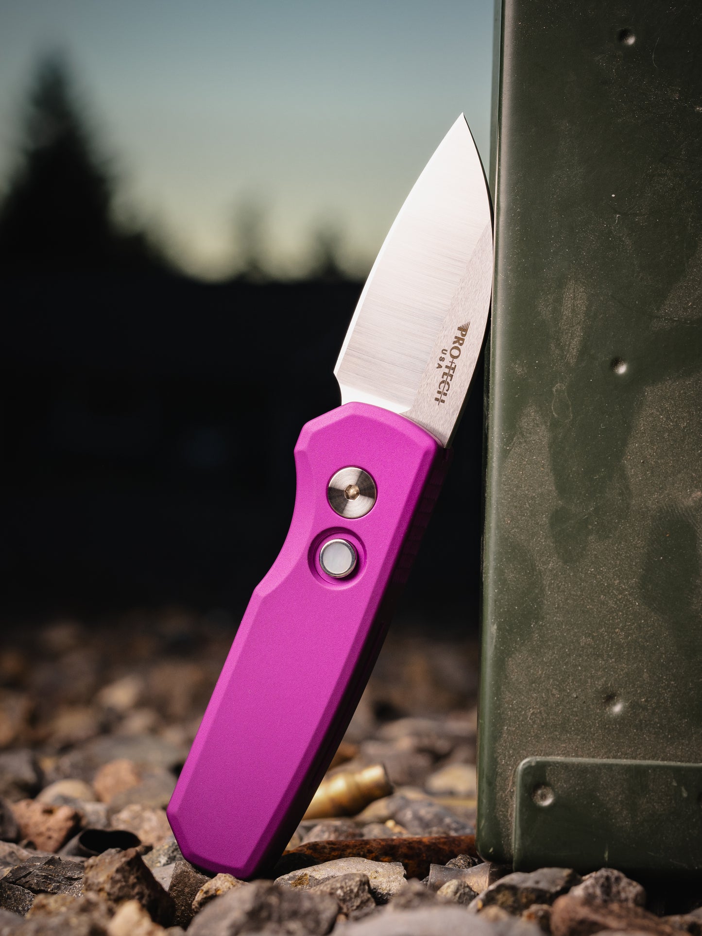 Pro-Tech-Protech R5300.LTD.Purple Runt AUTO - Smooth Purple Handle - Machine Satin MAGNACUT Wharncliffe Blade - Pearl Button - Satin Hardware-Urban Cutlery