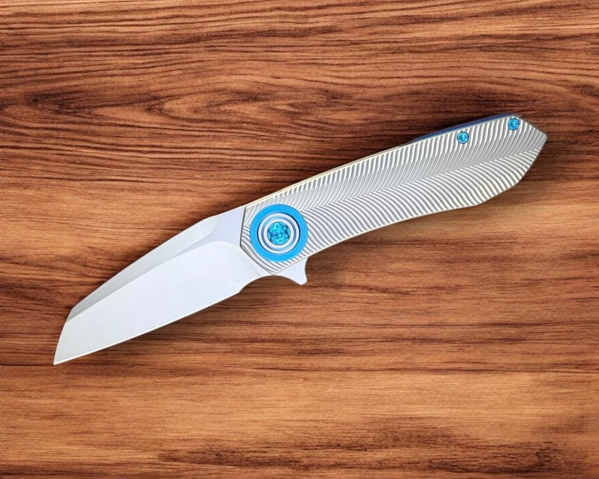 Skiff Workshop-Skiff Made Blades Asylum, Hand Rubbed Satin CPM154 Blade, Milled Titanium Scales, Seafoam Pivot Collar, Pocketclip, and Hardware, #78-Urban Cutlery