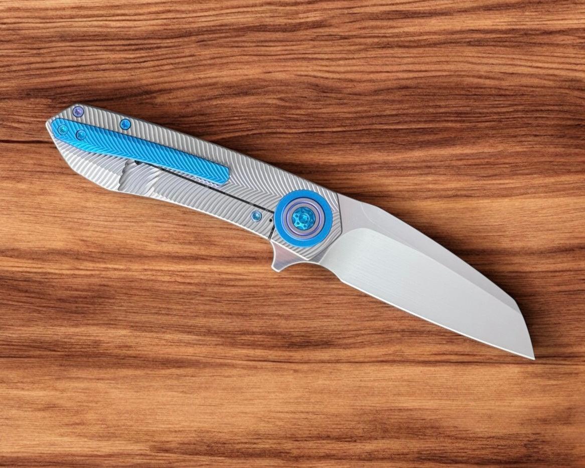 Skiff Workshop-Skiff Made Blades Asylum, Hand Rubbed Satin CPM154 Blade, Milled Titanium Scales, Seafoam Pivot Collar, Pocketclip, and Hardware, #78-Urban Cutlery
